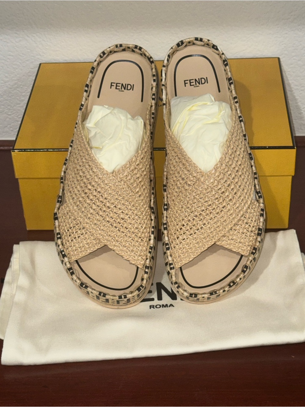 Fendi Zucca FF Logo Raffia Mules